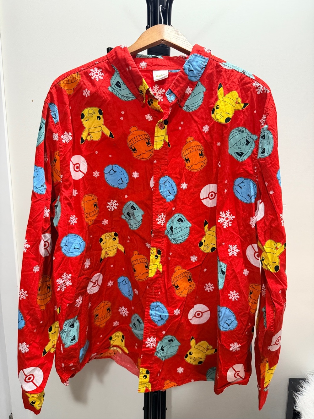 Pokemon Red Holiday Button-Up Long Sleeve Polo Shirt Size XL